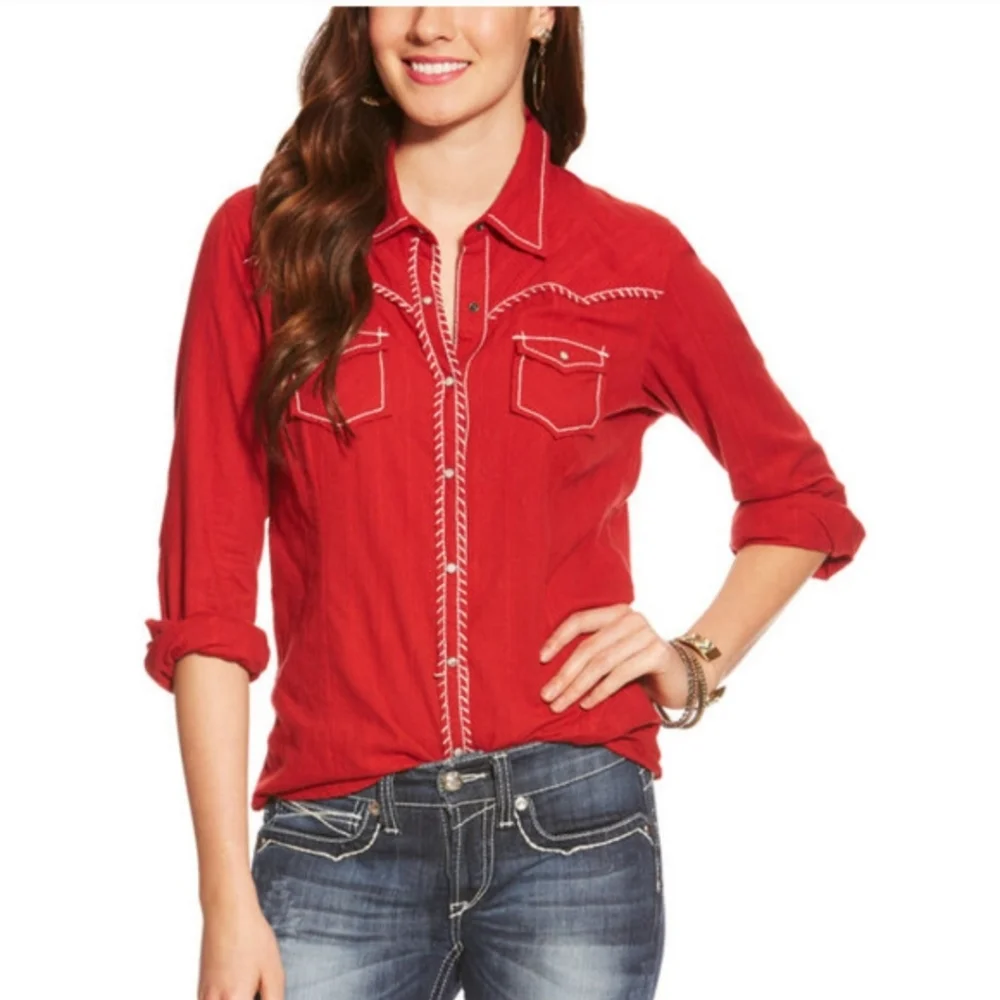 Ariat Diana Top Women XXLarge Red Pearl Snap Button Embroidered Western Cowgirl - Picture 1 of 13
